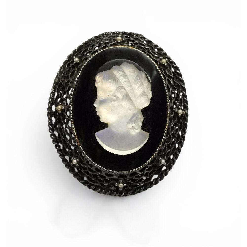 Vintage Cameo Pendant Black Glass Filigree Convertible Brooch